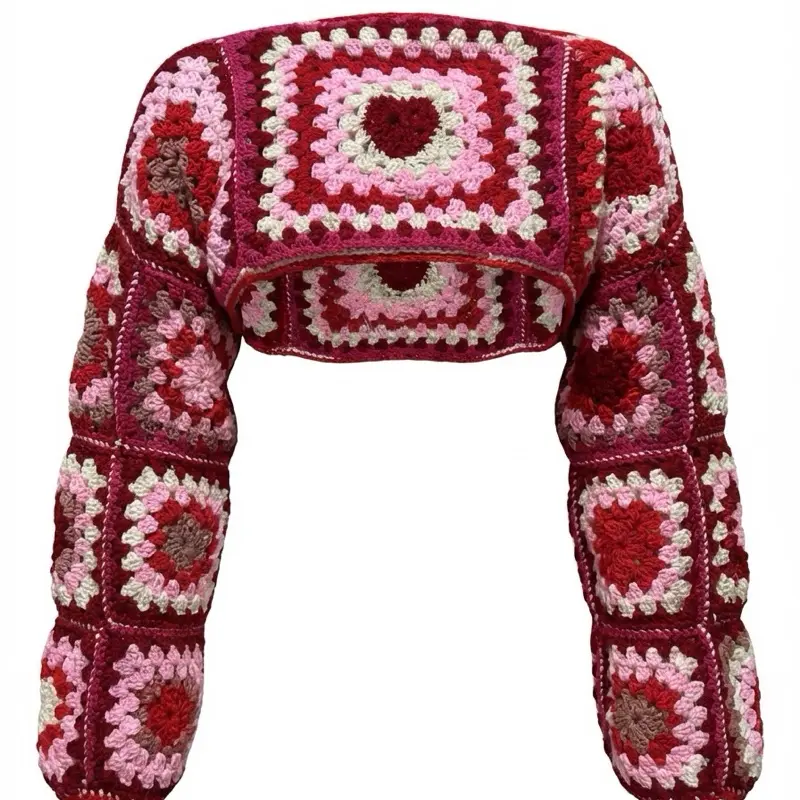 Cropped Granny Square Sweater - Red and Pink Crochet Design with Heart Motif
