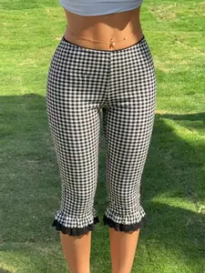 Gingham Lace Trim Capri Pants - High Waist Slim Fit Plaid Leggings, Y2K Coquette Aesthetic, 2 Colors Available, 90s Retro Summer Bottoms, Viral Trendy Women's Fashion