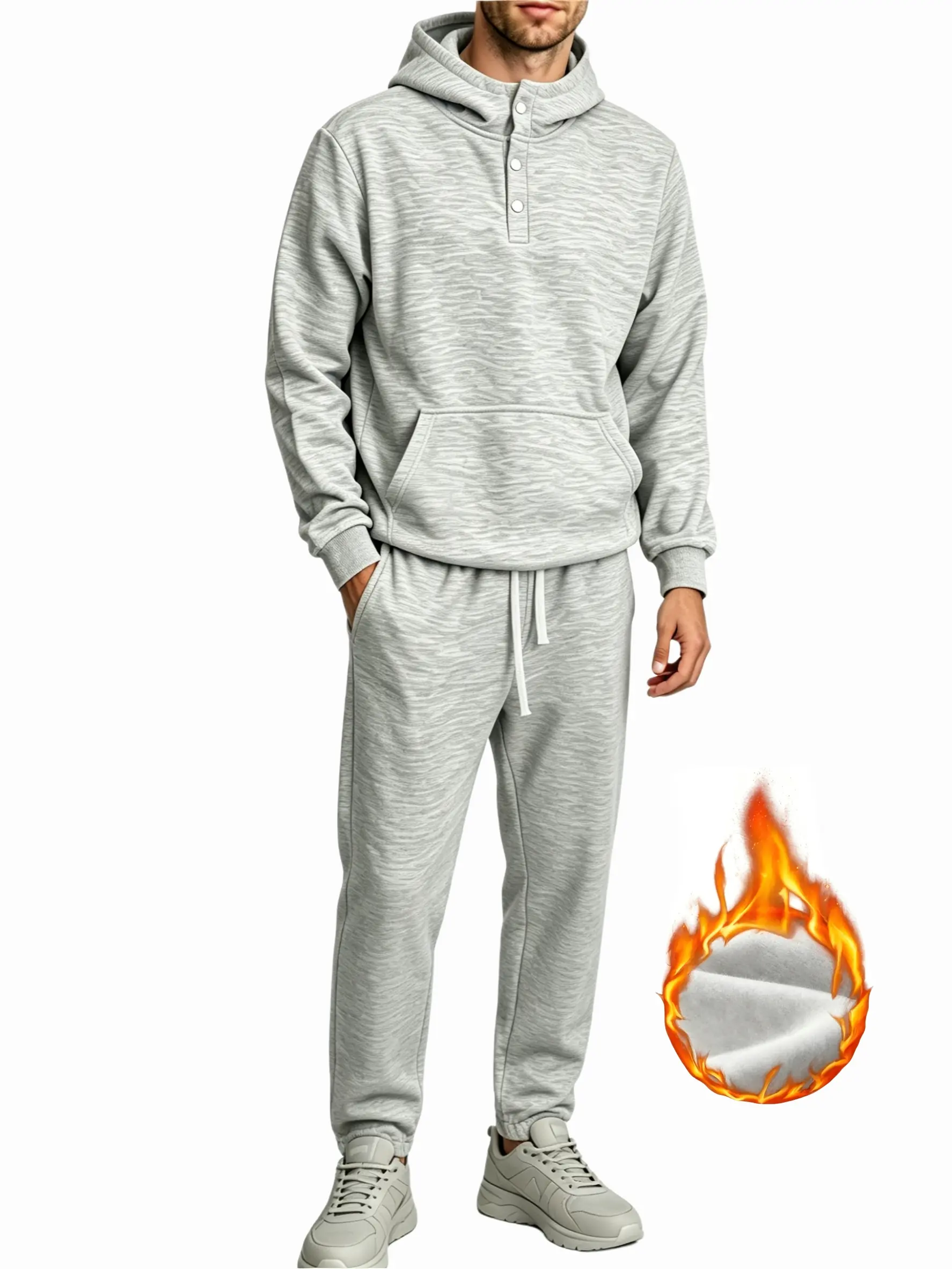 Men's Solid color Two/Four-Piece Sweatsuit Set, Fitted Casual Hoodie & Drawstring Pants, Thick Fabric for Spring/Fall , Snap button collar, stylish and simpleDaily Wear Essentials