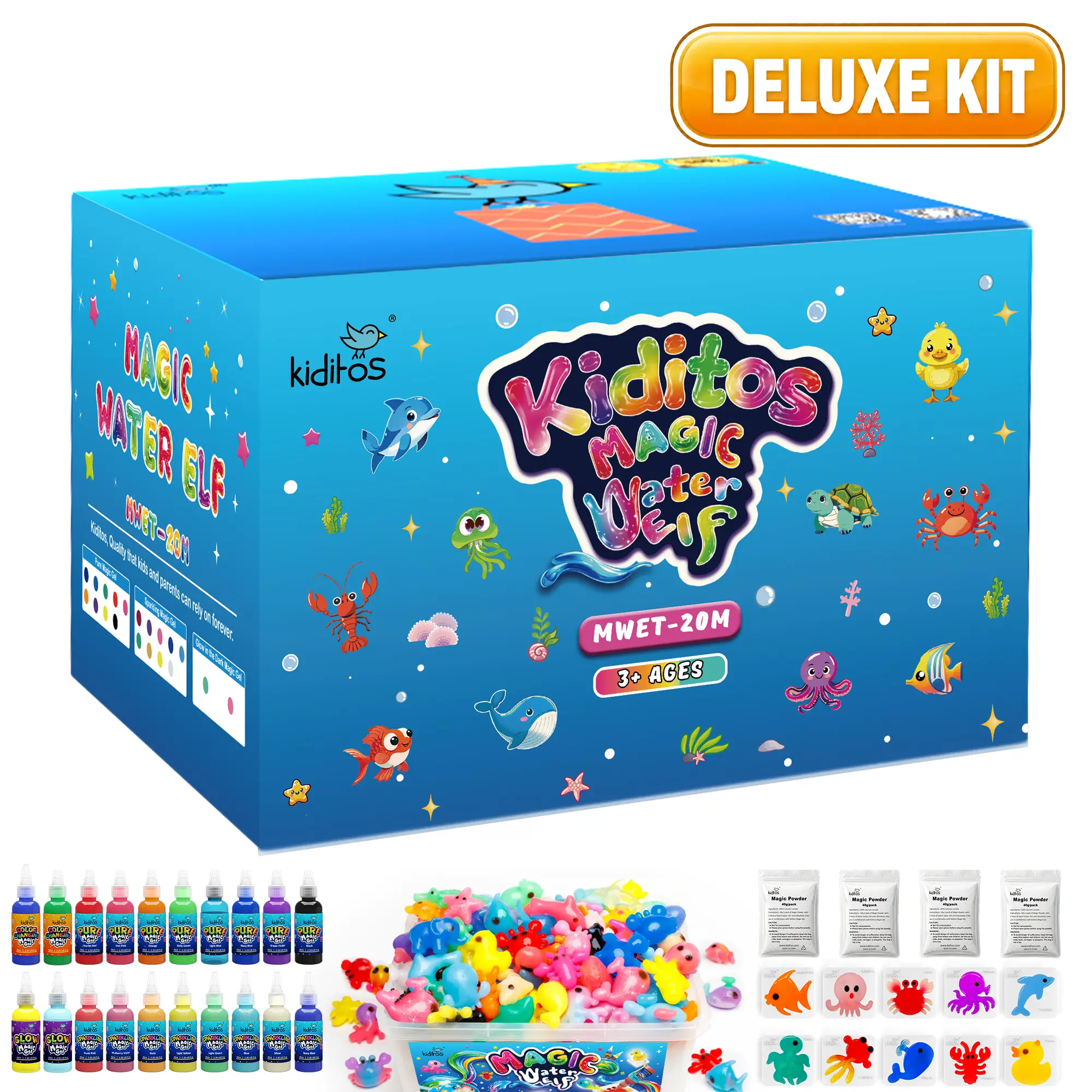 Kiditos Magic Water Elf Kit for Kids, Sea Creatures Color Mix,20 Mixed-Effect Gels & 10 Molds, Pure, Sparkling, Glow & Color-Changing Aqua Gel Craft Toy Ages 3+