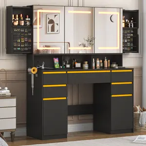47 inch Large Vanities w/Mirror&Outlet,Temper Glass Top,LED Lighted Black Makeup Vanities w/Sliding Wall-Mounted Jewelries