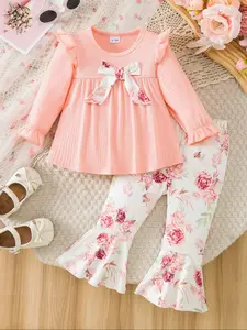 Girls' Floral Set, Sweet Fresh Design, Ruffle Top with Flower Bow, Bell Bottom Pants, Full Print, Casual Daily Wear, Fashion Clothes Set, Baby Girl Clothes
