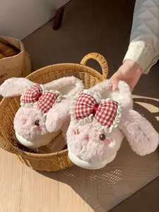New Cute Rabbit Plush Indoor Slippers, Fleece Lined Warm Casual Comfortable Student Slipper, Non-Slip Soft Fur Slippers, Fuzzy House Slippers