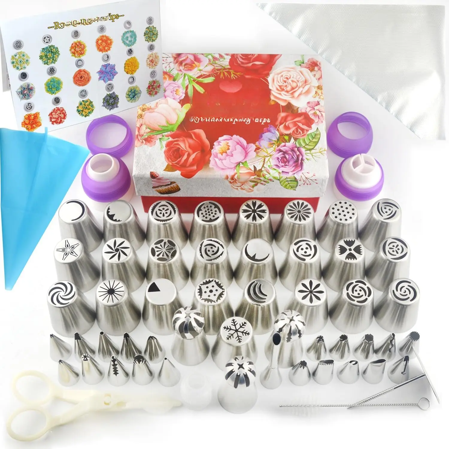 Russian Piping Tips for Cake Decorating  88 count Flower Icing & Frosting Nozzles Set  Complete Pastry Baking Tools Kit  Small & Large Floral Piping Tips for Cupcakes, Cookies & Professional Bakers
