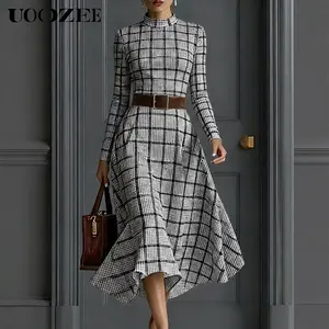 UOOZEE Women's New 2026 Spring Summer Black White Plaid Stand Collar Midi Dresses, Long Sleeve Belted Flared Midi Dress Retro Elegant Dresses Stylish Pleated Dress (Bust Runs Small - Check Size Guide or Order Larger), Polyester, Smooth
