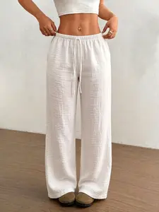 Women's Linen Wide Leg Pants, Lightweight Breathable Adjustable, Drawstring Elastic Waist, Loose Fit, Casual Summer Beach Home Wear, Trendy Tiktok Style, Perfect for Relaxing