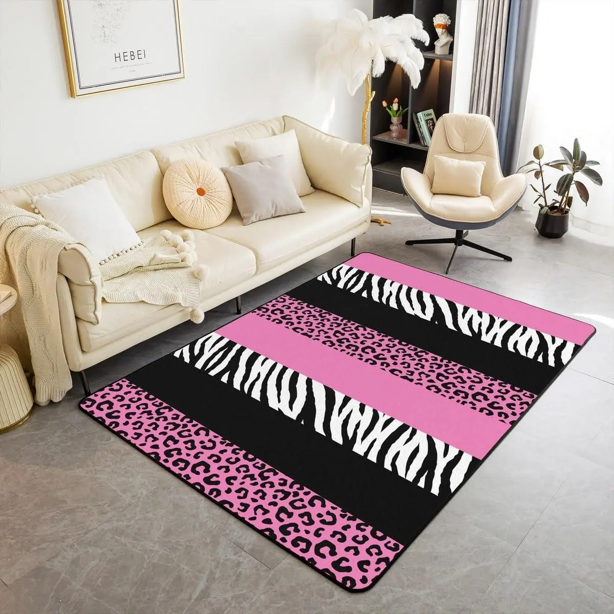 Pink Leopard Print Area Rug Wild Animal Skin Print Non Slip Rug Living Room Black White Zebra Print Stripes Indoor Floor Mat Bed Bedside Couch