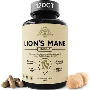 Garden of Herbz - Lions Mane Supplement Capsules with Turkey Tail – Nootropic Brain Fog, Focus, Memory, Nerve Function, & Immune Support Supplement – Non-GMO 1200 Mg Lions Mane Mushroom Supplement, 120 Caps.