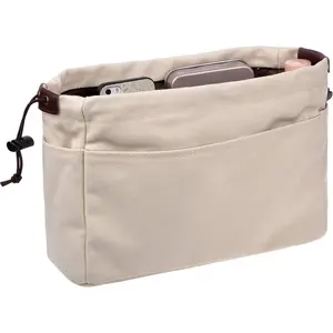 Canvas Handbag Organizers, Sturdy Purse Insert Organizer Bag in Bag, 10 Pockets Beige Small