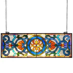 VEVOR Stained Glass Window Panel, 35.1" x 12.9" Tiffany Style Hanging Transom Window Panel with Chain, Large Horizontal Rectangle Stain Glass, Vintage Traditional Art Handcrafts for Kitchen Home Deco