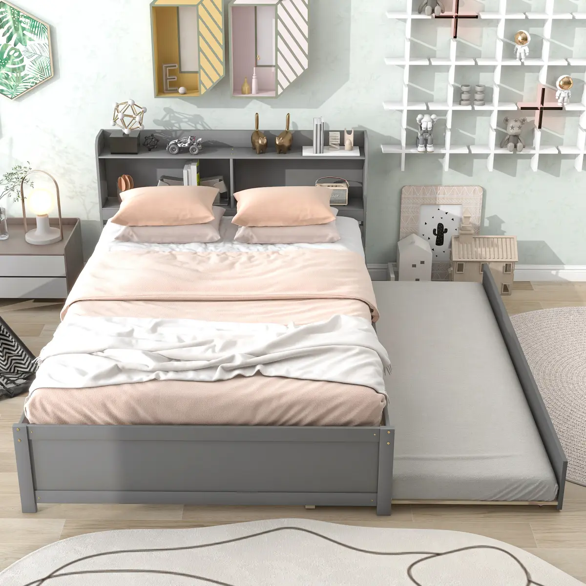 Full Size Platform Bed with Trundle and Bookcase Headboard , Wood Stoage Bed with Slats, No Box Spring Neeeded,Grey
