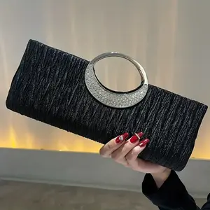 [For Women Elegant Clutch Purse] Ruched Satin Evening Bag, Elegant Clutch Purse For Women, Rhinestone Decor Handbags For Party Wedding Prom Round Luxury Bling