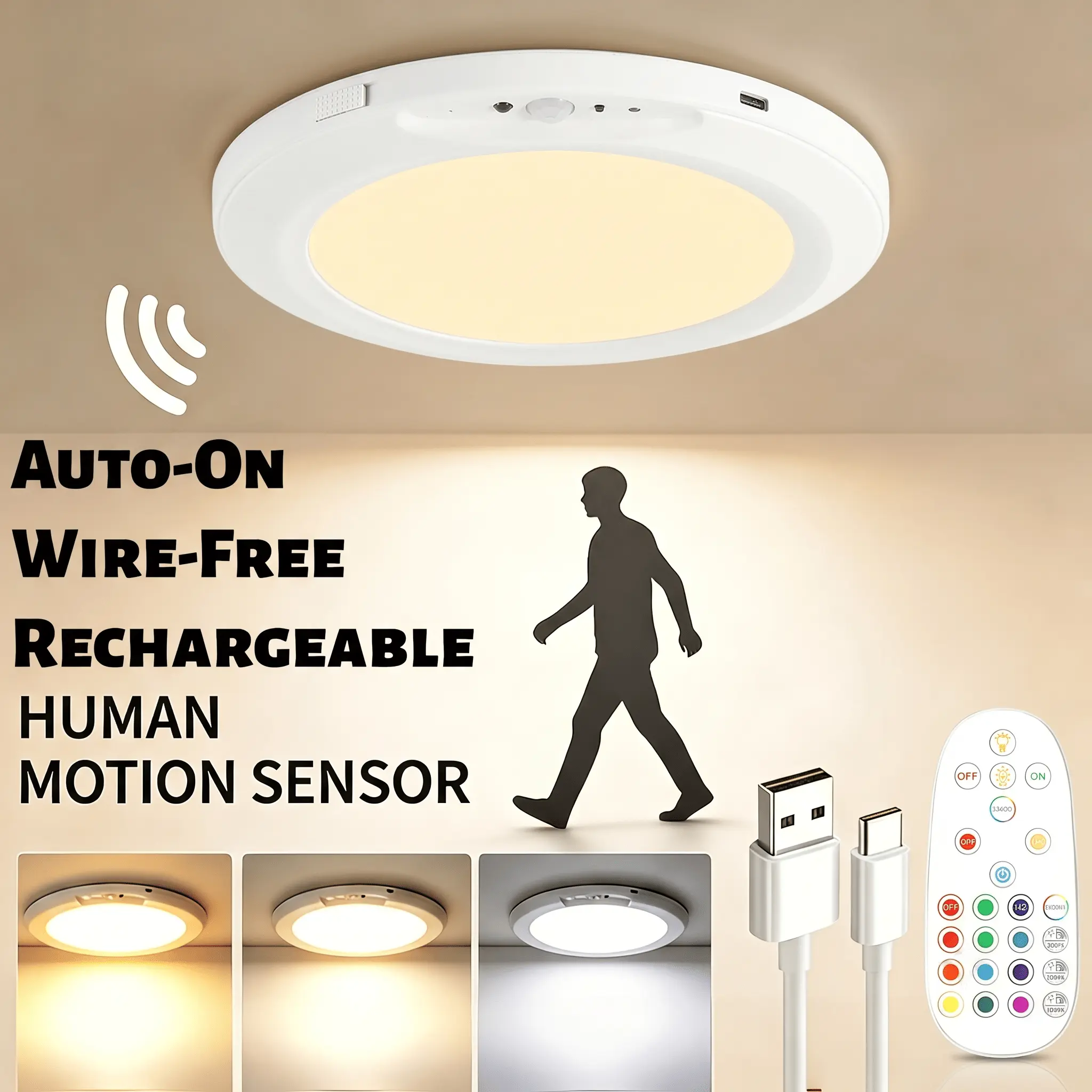 Small Rechargeable LED Ceiling Light, Wireless Motion Sensor Lamp with Remote Control, Dimmable Flush Mount Light for Bedroom, Bathroom, Hallway & Small Spaces