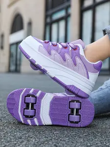 Girls' Waterproof Leather Roller Skates, Fashionable Durable Anti-Slip Four-Wheel Inline Skates, Outdoor Activities Shoes for Kids, Four Wheel Design