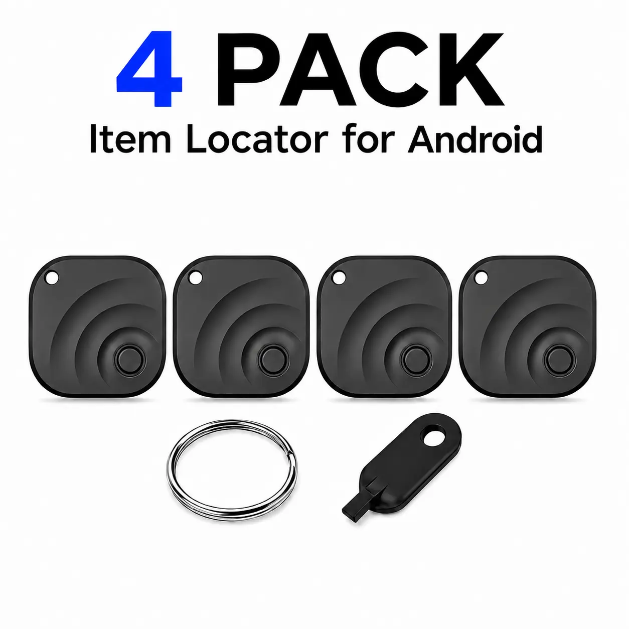 4-Pack Bluetooth Android Item Locator, Find Hub Compatible, Smart Air Tracker with Simple Setup, Replaceable Battery, Up to 100dB Loud Alarm for Keys & Wallet, Everyday Uses for Android 9