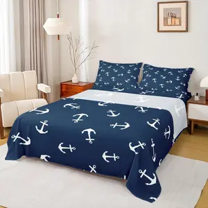 Summer Anchor Sheet Set,Nautical Anchor Bedding Set for Kids Boys Teens Room Decor,Fashion Navy Blue Bed Sheet Set with Deep Pocket Fitted Sheet + Flat Sheet