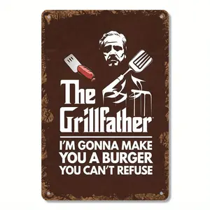 Vintage Retro Kitchen Decoration Featuring The Grillfather Flat Metal Sign with Master Griller Design Durable Metal Art Plaque for Home Bar Patio and Grill Room No Wiring Needed Ideal Gift for Dad and Barbecue Lovers