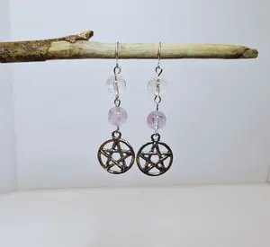 Handcrafted Custom Pentacle Earrings with Natural Crystal Beads and Silver Charms