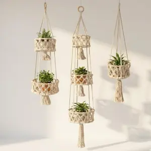 Handmade three-tiered woven plant hanging basket, bohemian style decoration, hanging fruit basket, handmade woven fruit hanging basket, fruit bowl, vegetable and fruit storage basket, woven onion basket, potted plant basket