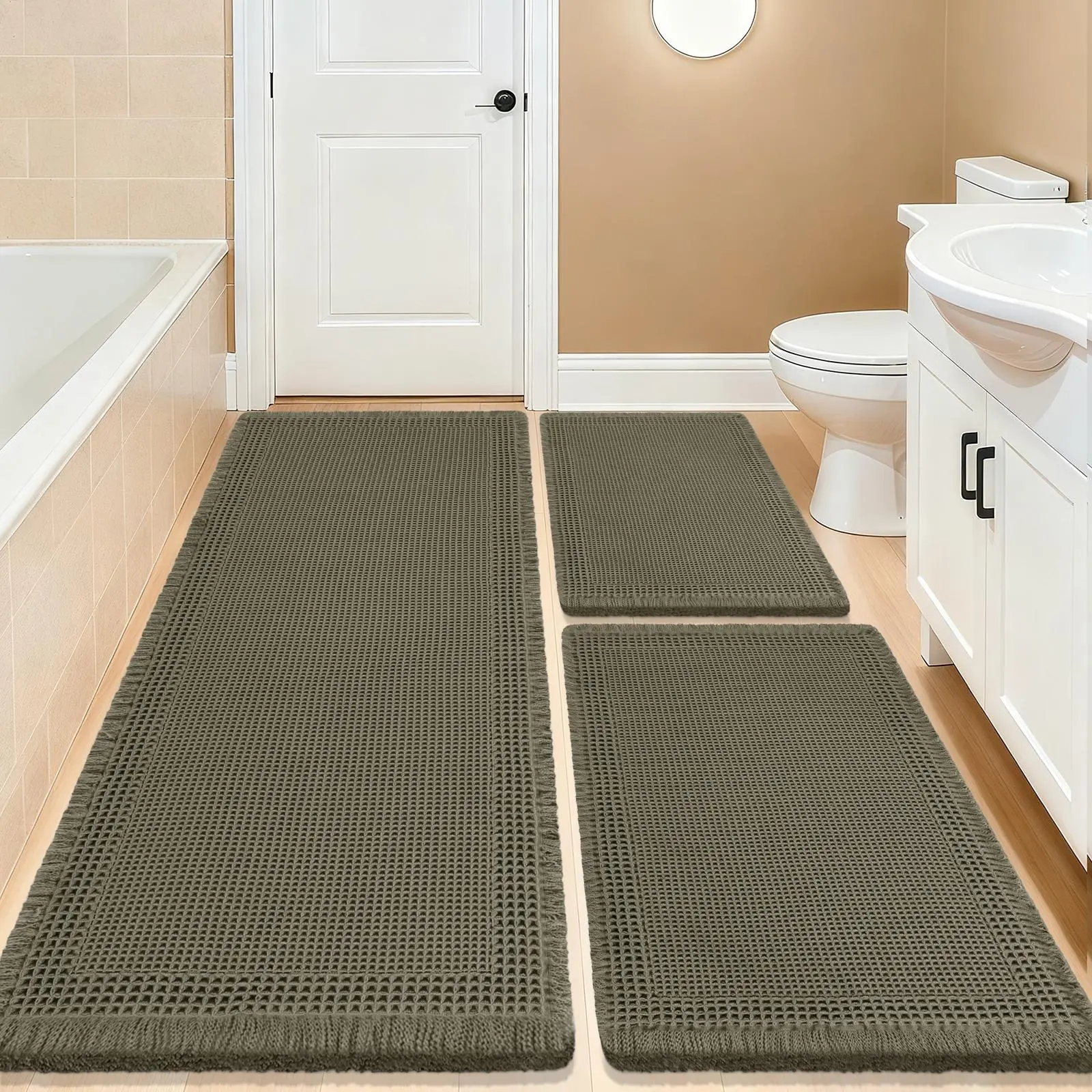 IM HOME Boho Woven Waffle Carpet & Bath Rugs, Ultra Soft Non Slip Absorbent Bath Mat, Washable Knit Bathroom Mats for Home Shower Tub Kitchen
