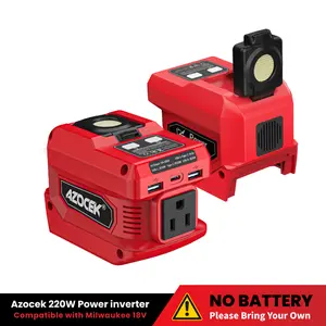 【No Battery】Azocek 220W Power Inverter 2-Pack for Milwaukee 18V/20V Battery | DC to AC Portable Generator | 1 AC, 2 USB QC, 1 Type-C for Laptop & Phone Fast Charging | 400LM LED Work Light | Camping / Outdoor / Emergency Power