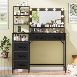 Desk With Mirror And Lights, Makeup  With 5 Fabric Drawers And Open Storage Shelves, 3-Color Adjustable Lighting, Modern  Table With Charging Station For Bedroom large White LED Lighted Vanity