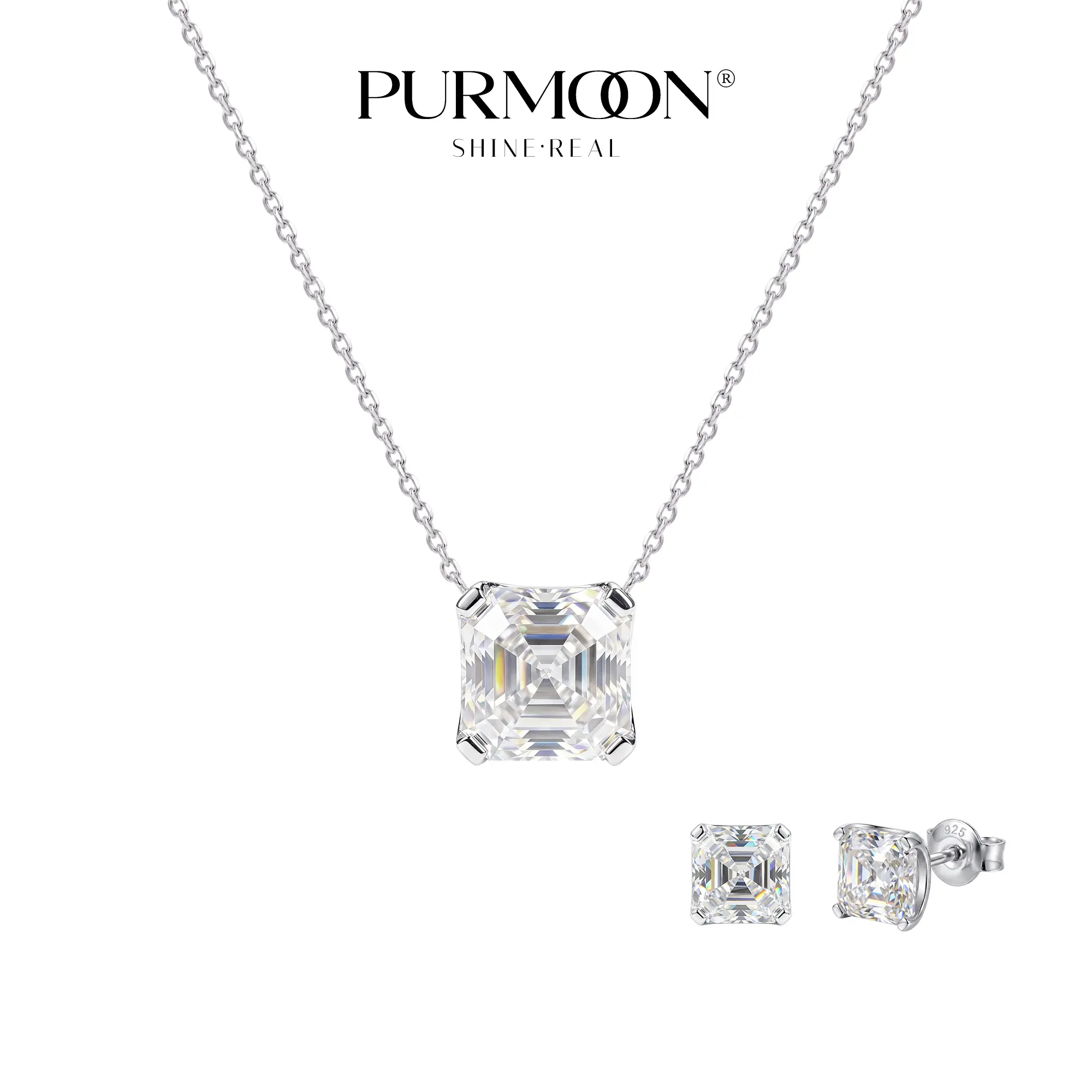 [Asscher Grace] Purmoon Moissanite 2CT Asscher Cut | S925 Sterling Silver | Necklace 18" (40+5cm) & Stud Earrings