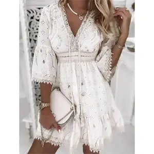 Women's White Hollow Mini Dress Summer V-Neck Patchwork Lace Up Three Quarter Sleeve Ladies Vacation Beach Sundress Outfits Bohemian Style Boho Casual Wear Womenswear Fitted(Sheets)