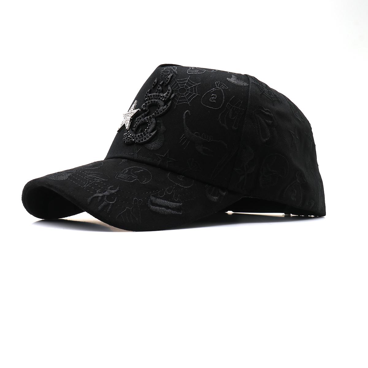 Streetwear Bling Cap with Rhinestone Star & Gothic Motif, Adjustable Hip Hop Snapback with Embossed Texture