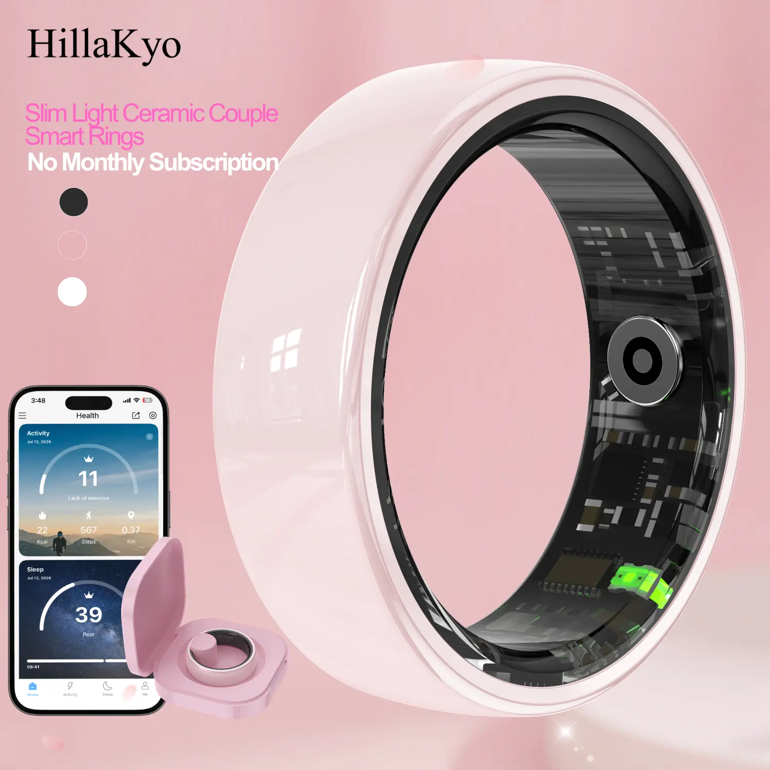2026 Hillakyo Slim Pink Ceramic Smart Ring for Couples Women & Men,No Subscription Fees, Fitness Health Tracker Ring, Tracks Step Sleep Heart Rate Temperature Stress & Menstrual Cycle, IP68 Waterproof Sport Wearable Cool Gadget,Ideal Gifts for Women