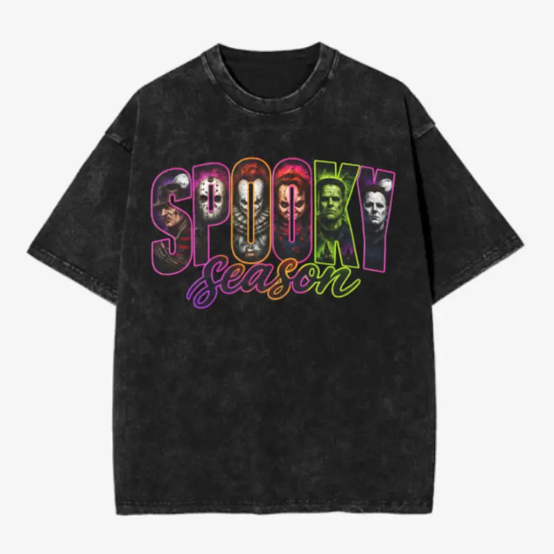 Comfortable Colors neon horror Halloween shirt, retro scary movie graphic tee, vintage horror character T-shirt, spooky season fall apparel, Innocence Advocacy shirt