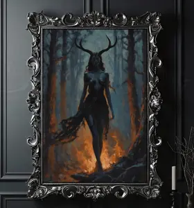 Lilith Horned Goddess Walking Through Fire Wall Art , Dark Witchcraft Pagan Art, For Feminist Room Decor Unframe