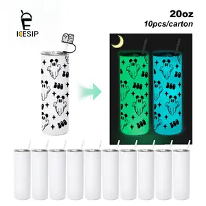 Halloween UVDTF Special 20OZ Sublimation GLOW In the DARK GREEN BLUE Straight Skinny Glowing Tumbler with UV Stickers and Silicone Topper Cover For DIY GIFT Halloween Party decor DIY gift