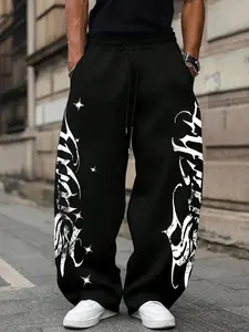 Men's Casual Loose-Fitting Drawstring Waist Sweatpants with Star & Letter Graphic Print, Drawstring Wide-Leg Design for All Seasons, Comfortable Activewear