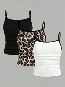 3-pack, girls' leopard print solid-color camisoles, black / leopard print / white thin adjustable shoulder straps base camisoles, Casual, suitable for all seasons, machine washable and dry cleanable