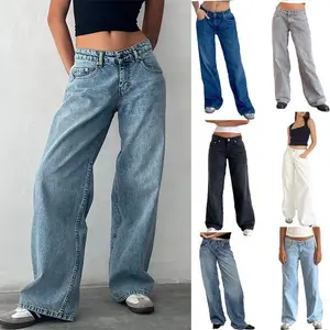 American Style Retro Low Waist Non-Elastic Washed Straight Jeans Women's Autumn New Street Wide Leg Denim Women's Pants 90s blue petite public waisted affordable perfect lightweight Plus Size Ruched Front Zipper good boot cut Bottoms Basic