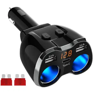 20W Car Charger Cigarette Lighter Adapter Two Way Switch 12V/24V Car Power Outlet with Dual 2.4A USB Adapter and Type C Port for Car