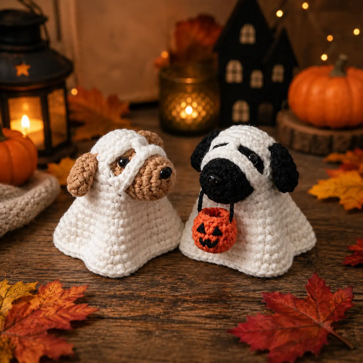 Crochet Ghost Dog Plush Set, Halloween Puppy Amigurumi Decor with Pumpkin Bucket, Cute Dog Lover Gift