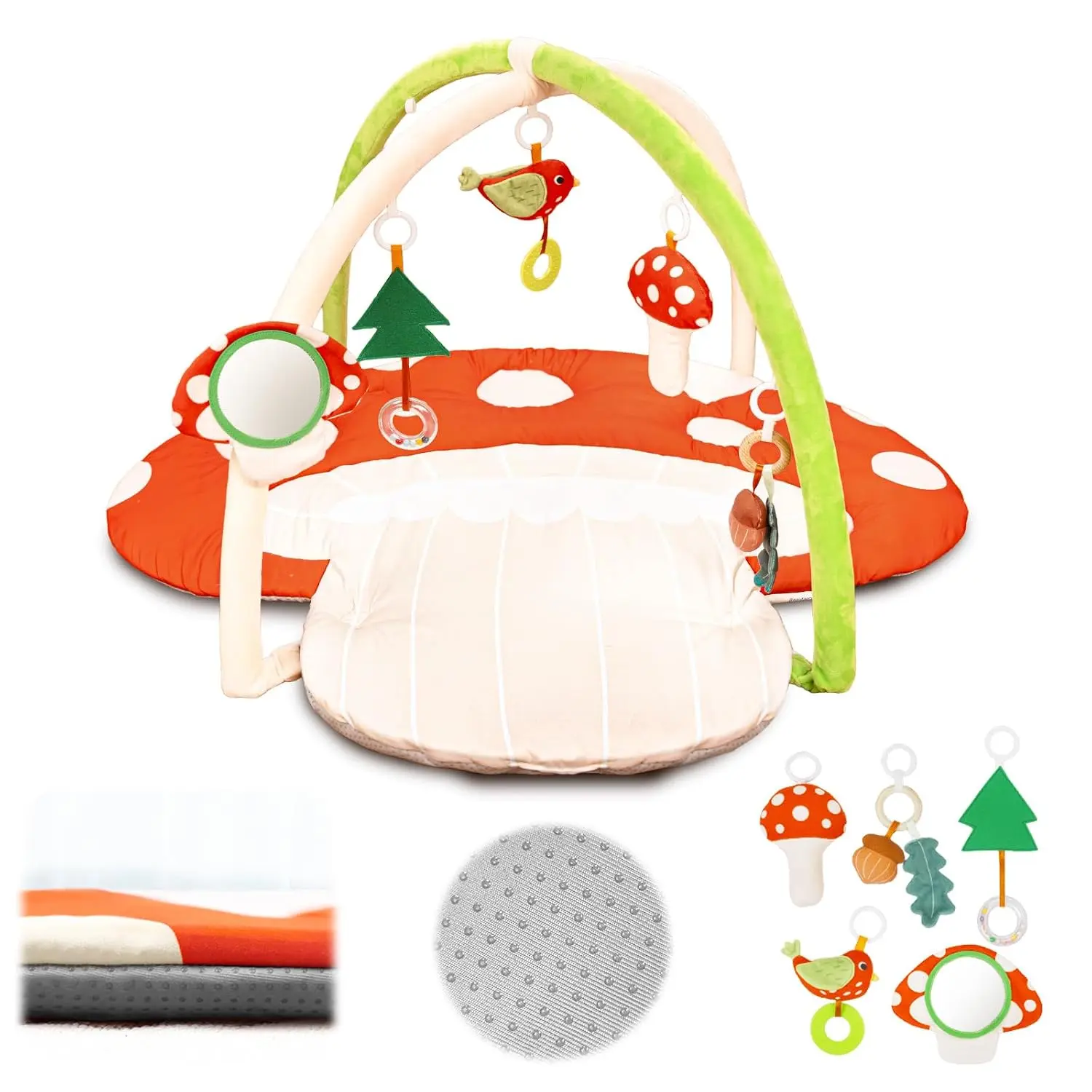 Baby Gym Play Mat, Mushroom Shape Thick Activity Mat 4-in-1 Tummy Time, Convertible Gym Mat with Toys, Baby Gift for Infants Age 0-18 Months