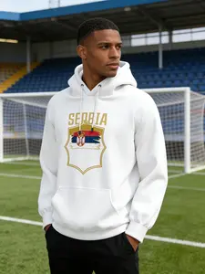 Serbian Flag Badge Print Hoodie, Unisex Vintage Sportswear, Casual Fitted Pullover for Fans & Travelers, Best Gift Option