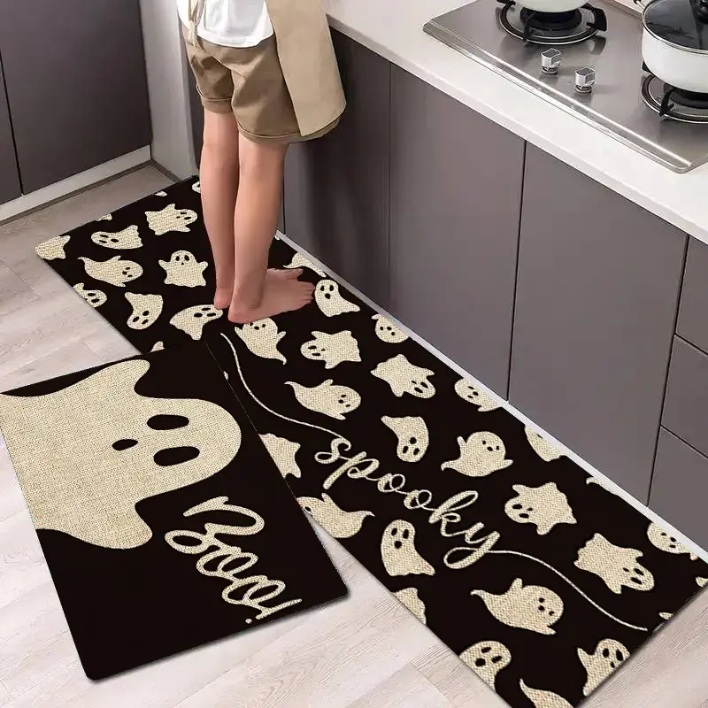2Pcs Halloween Cute Ghost Boo! Floor Mat Set Farmhouse Kitchen Rug Dining Room Flooring Laundry Room Decor Carpet Mat, Kitchen Area Rug, Kitchen Floor Mats