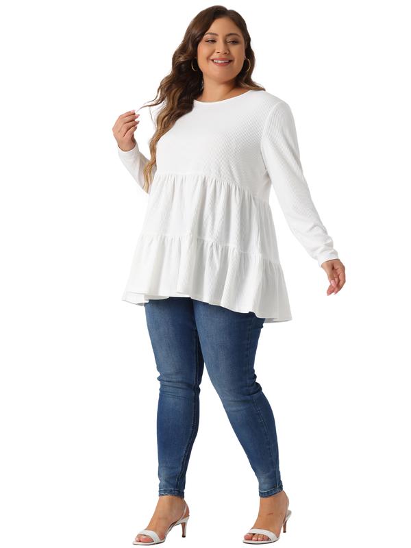 Agnes Orinda Plus Size Babydoll Tops for Women Long Sleeve Crew Neck Casual Loose Peplum Tops Blouses White