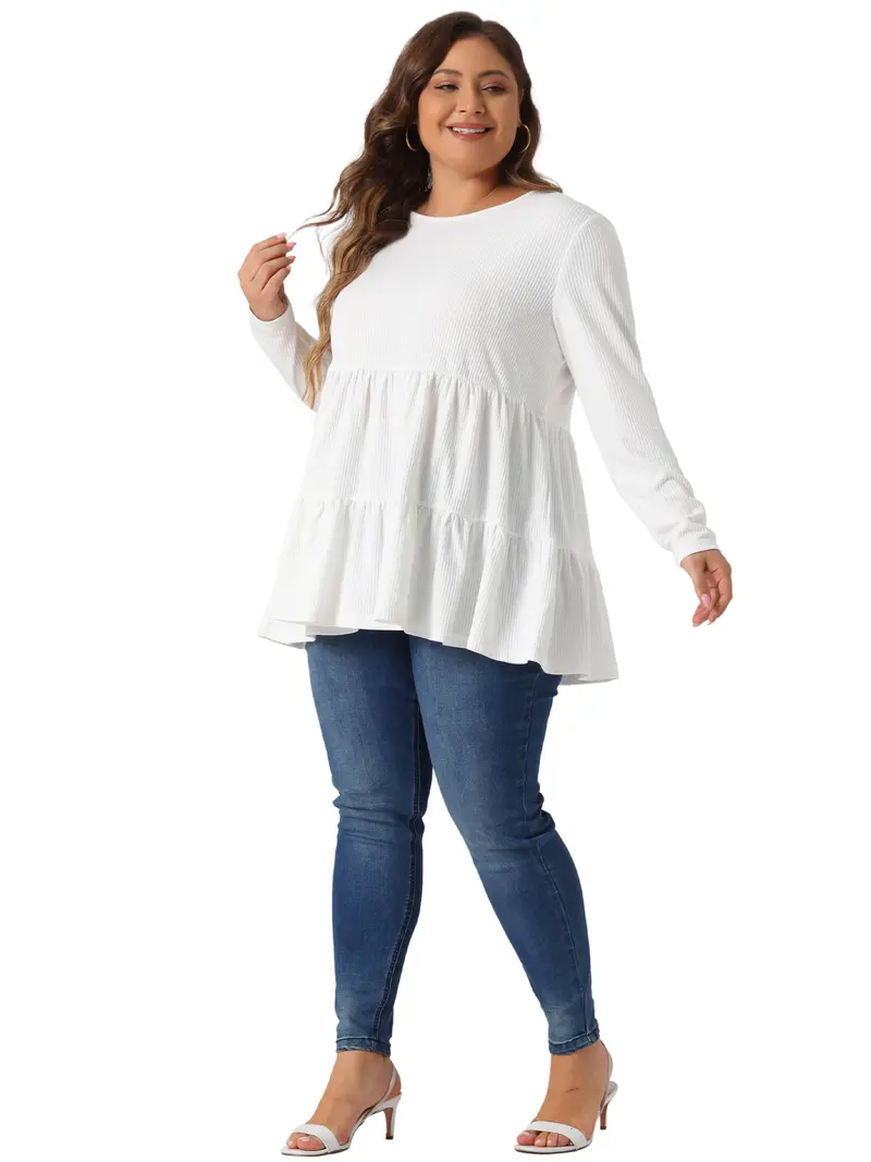 Agnes Orinda Plus Size Babydoll Tops for Women Long Sleeve Crew Neck Casual Loose Peplum Tops Blouses White