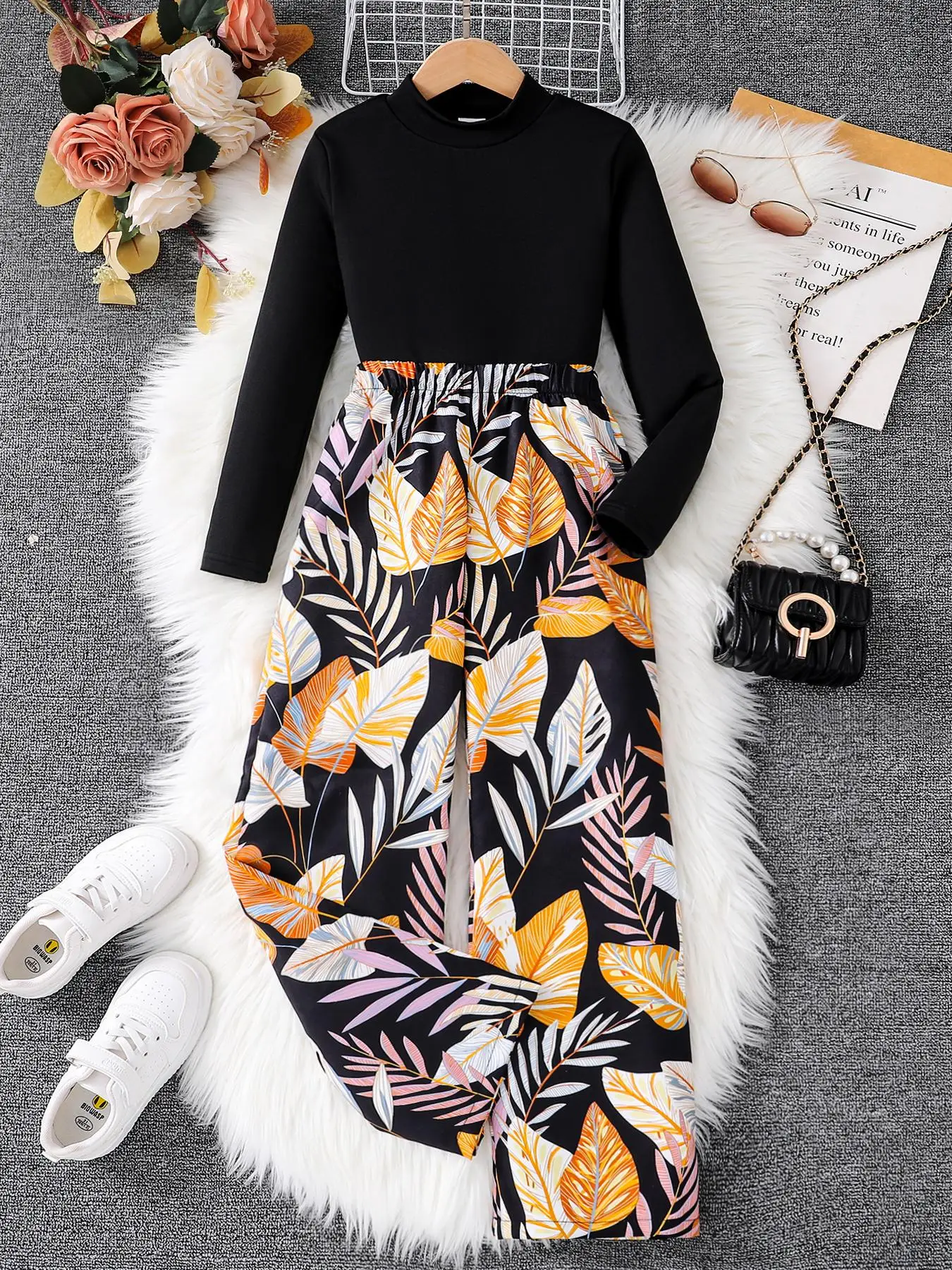 Two-Piece Set Girl's Solid Long Sleeve Tee & Leaf Print Pants, Casual Mock Neck Top & Elastic Waist Trousers for Fall & Winter, Kids Clothes for Daily