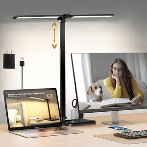 Retractable Dimmable LED Desk Lamp with USB Charging Port, 50 Lighting Modes Dual Swing Arm Architect Adjustable Table Lamp Light Desk Lamp for Home Office Dorm Piano Nail, Black