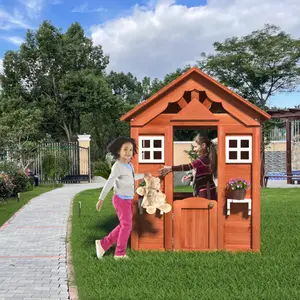 Wooden Kids Playhouse Outdoor Solid Fir Wood with Windows Door Snack Window Flowerpot Holders for Imaginative Play in Backyard