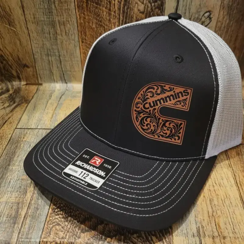 Cummins Leather Patch Trucker Hat, Black White Mesh Snapback, Diesel Engine Logo Cap, Western Tooled Leather Hat, Gift for Truck Owners, Adjustable