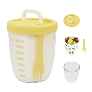 Fresh Fruit Salad Storage Cup To Go With Folding Handle, Lids, Fork & Drain Baskets, Reusable Leakproof Food Storage Containers With Removable Colander Keep Fresh Longer