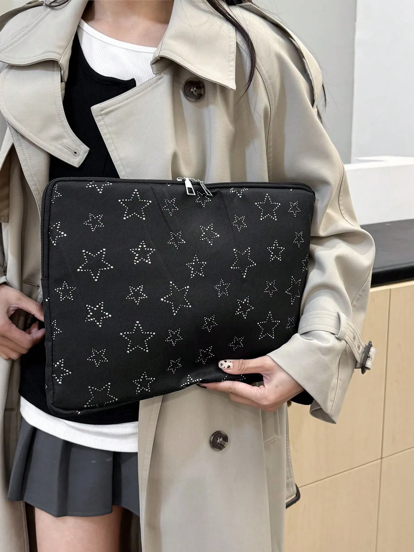 Unisex Black Laptop Protective Sleeve with Silver Star Print - 1pc, 11-15 Inches Water-Resistant Shock-Proof Case for MacBook/HP/ASUS, Casual Back to School Haul Accessory for College Students