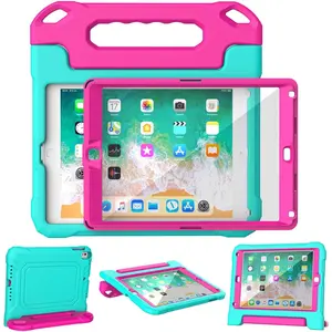 Case for iPad 9.7 Inch with Screen Protector, Shockproof Handle Convertible Stand Case for iPad 9.7 6th/5th Generation 2018/2017, iPad Air 2/1& iPad Pro 9.7, Cyan&Pink